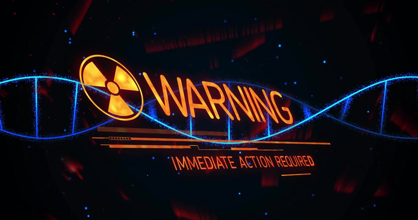 hazard symbol fading sparking helix revealing WARNING IMMEDIATE ACTION REQUIRED alerting threat