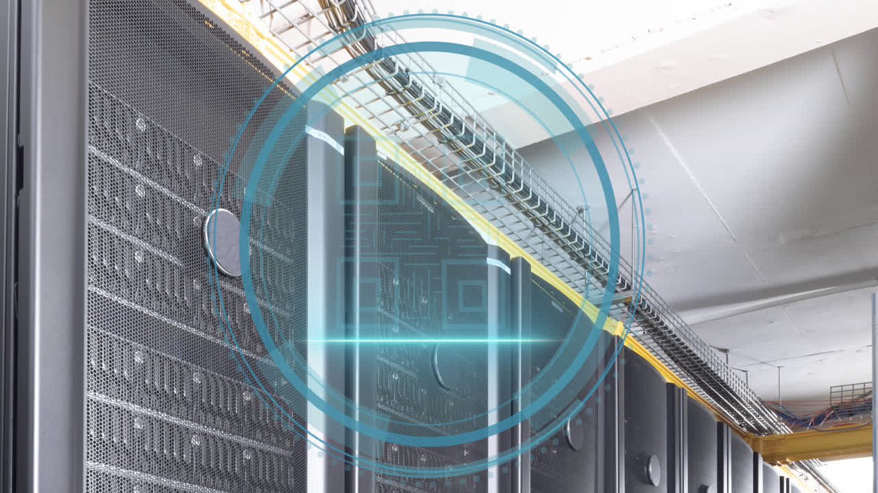 animación del icono de código qr sobre el procesamiento de datos y la sala del servidor