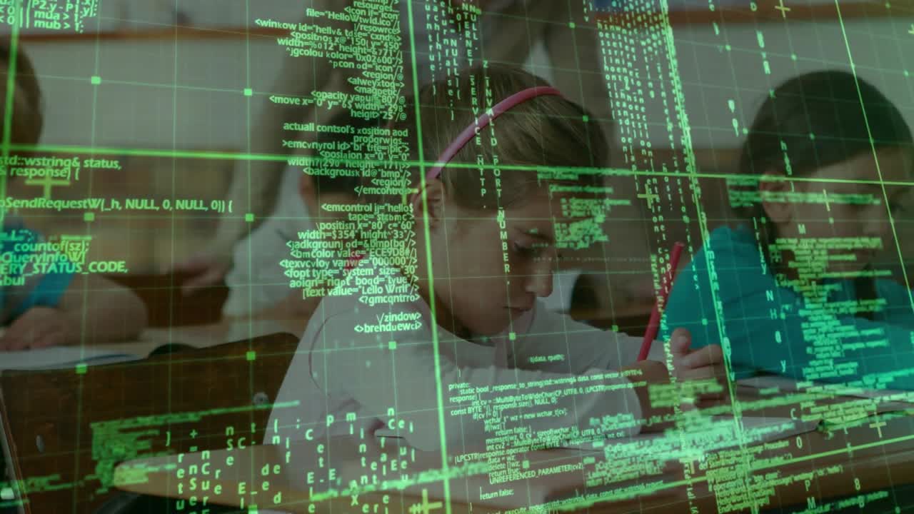 Children writing papers as scrolling green code overlay showing digital learning in classroom