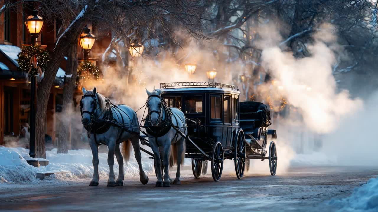 A picturesque winter scene depicting a traditional horse-drawn carriage surrounded by softly billowing steam and glowing street lamps, evoking a charming and nostalgic atmosphere on a snowy evening