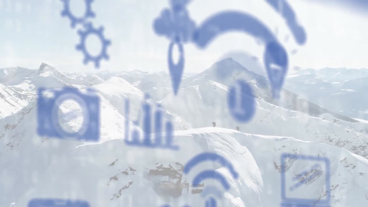 겨울 산 풍경 위에 떠다니는 디지털 아이콘의 애니메이션