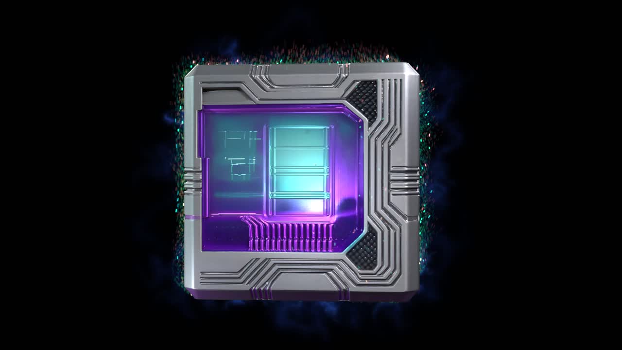 Futuristic 3D sci-fi quantum cube design 04, with metallic panels, embedded circuit patterns, and glowing energy accents on a dark background. Ideal for AI, quantum computing and sci-fi concepts