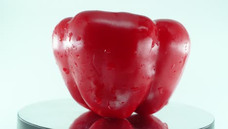 A-close-up-shot-of-a-sweet-red-wet-pepper-on-a-reflecting-rotating-stand-360,-slow-motion,-4k-video