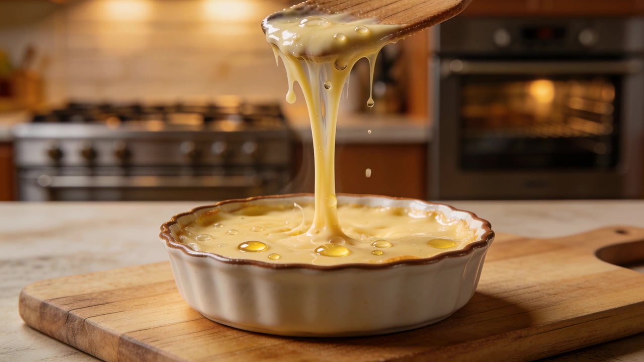 Lifting wooden spatula pulling mixture into droplets over fluted tart dish in kitchen for filling