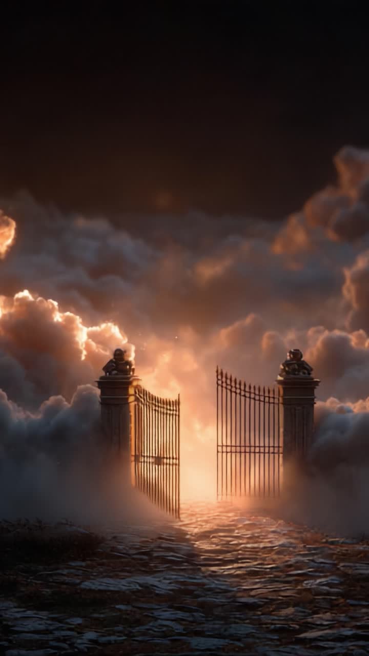 A Majestic Gateway: The Enchanting Transformation from a Mysterious Entrance Surrounded by Clouds to a Bright Sunrise Radiating Hope and Possibility