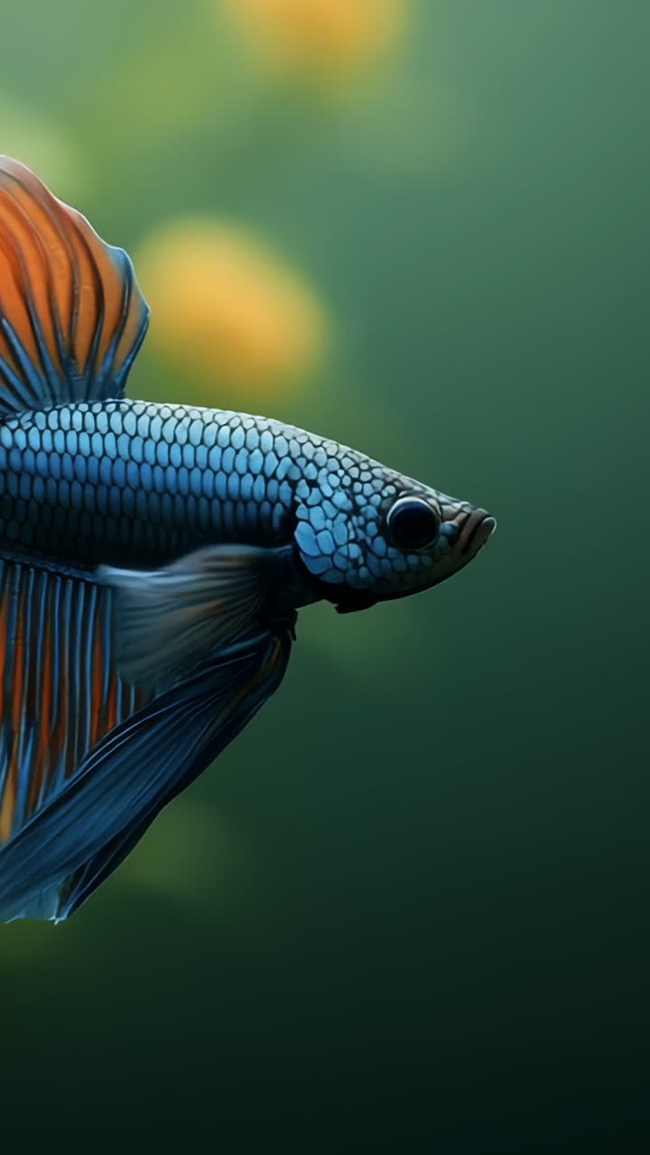 Colorful betta swims gracefully. A vibrant betta fish showcases its brilliant colors as it swims through the serene water, surrounded by aquatic plants.