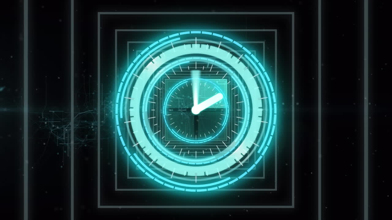 Animation of scope scanning with clock over geometrical shapes on black background