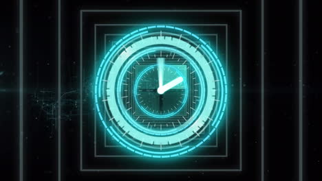 animation of scope scanning with clock over geometrical shapes on black background