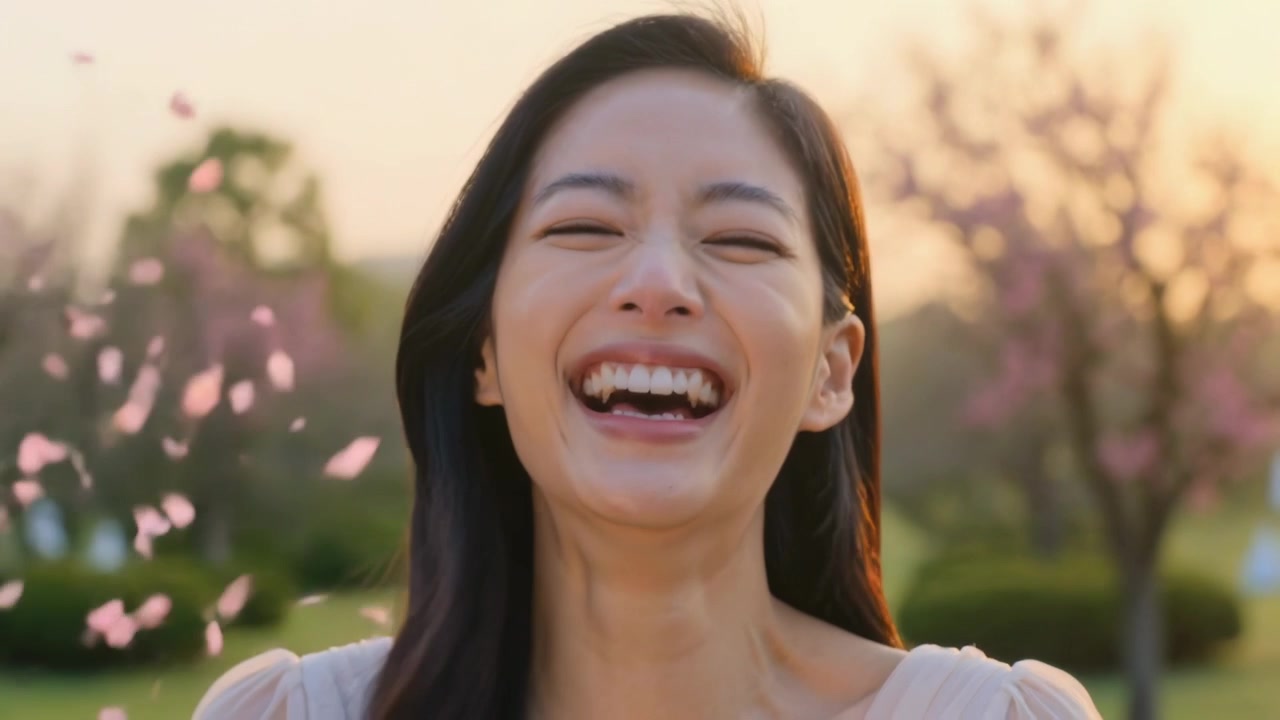 公園で、オフショルダードレスを着た笑顔で笑っているアジア人女性が、舞い落ちるピンクの花びらに反応している。