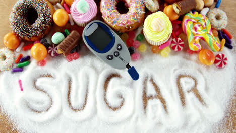 various types of doughnuts and cupcakes with glucometer