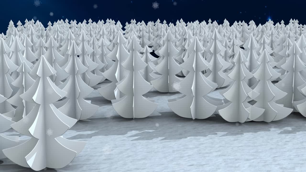 겨울 풍경 에 있는 여러 나무 들 이 파란색 배경 에 떨어지는 눈송이 들 위 에 있다