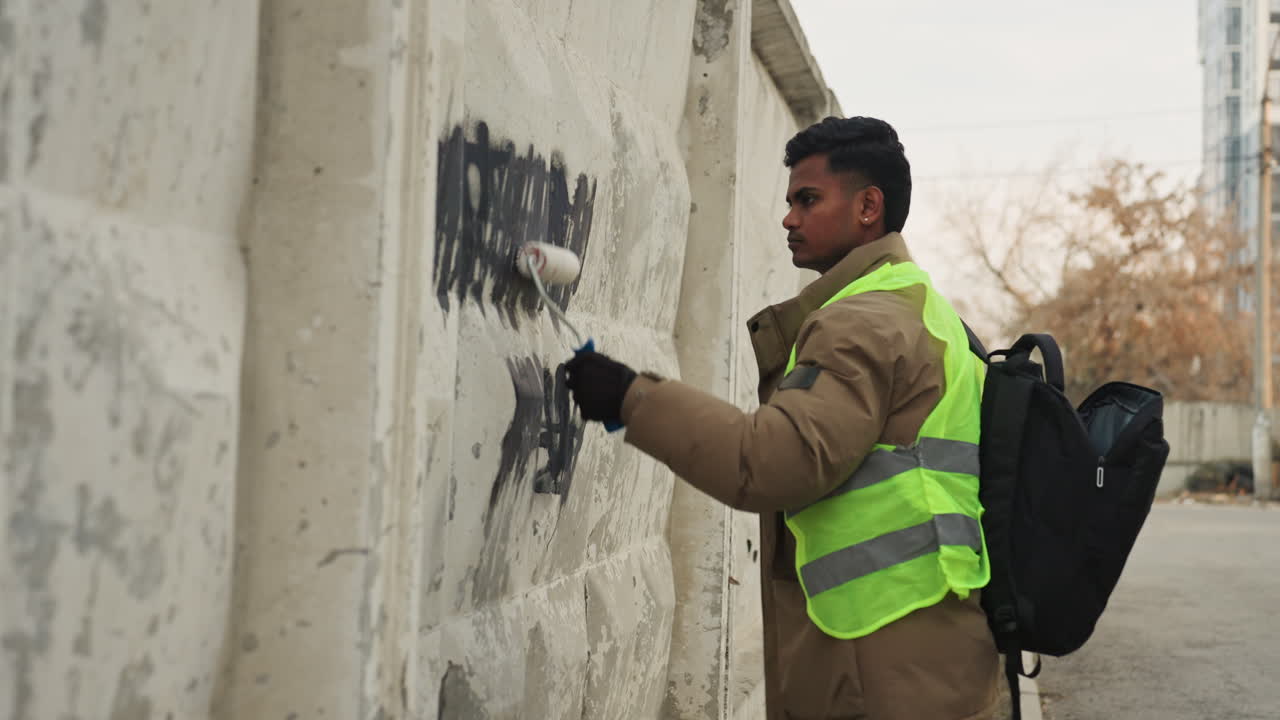 Uomo asiatico meridionale che rimuove graffiti con un rullo su una barriera di cemento durante lavori di manutenzione comunale, con gilet ad alta visibilità e guanti, zaino, pulizia diurna di un vicolo urbano, colpi metodici e impegno civico.