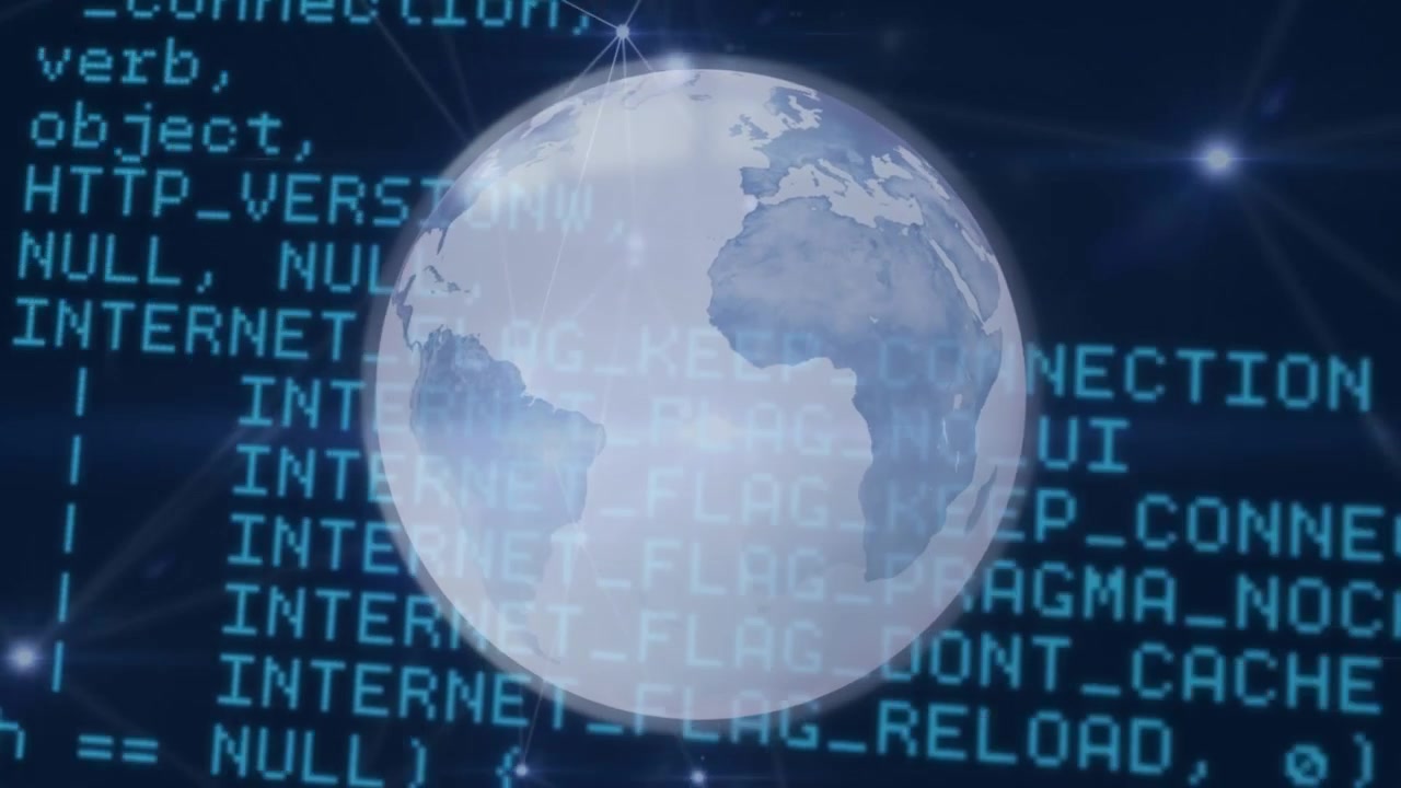 Rotating Earth Globe Overlaid with Digital Programming Code and Network Connections