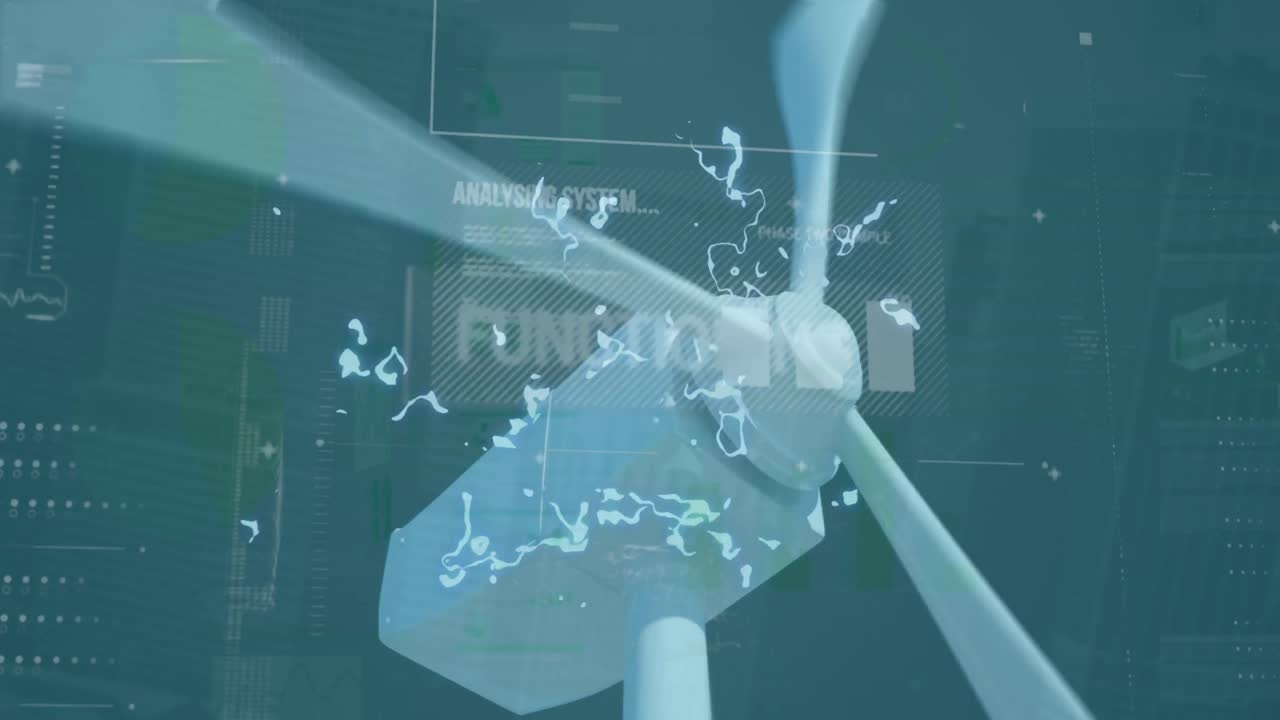 회전하는 풍차의 클로즈업에 대한 데이터 처리와의 인터페이스의 애니메이션