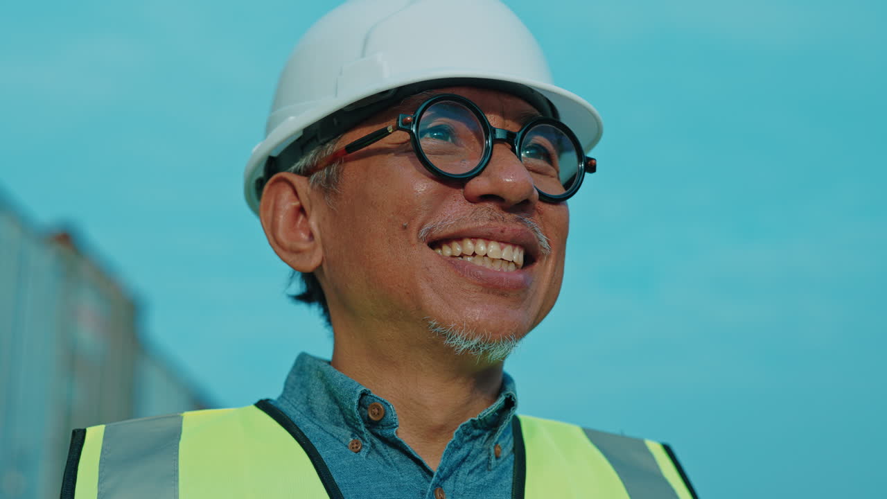 Smiling Engineer Looking Up at a Container