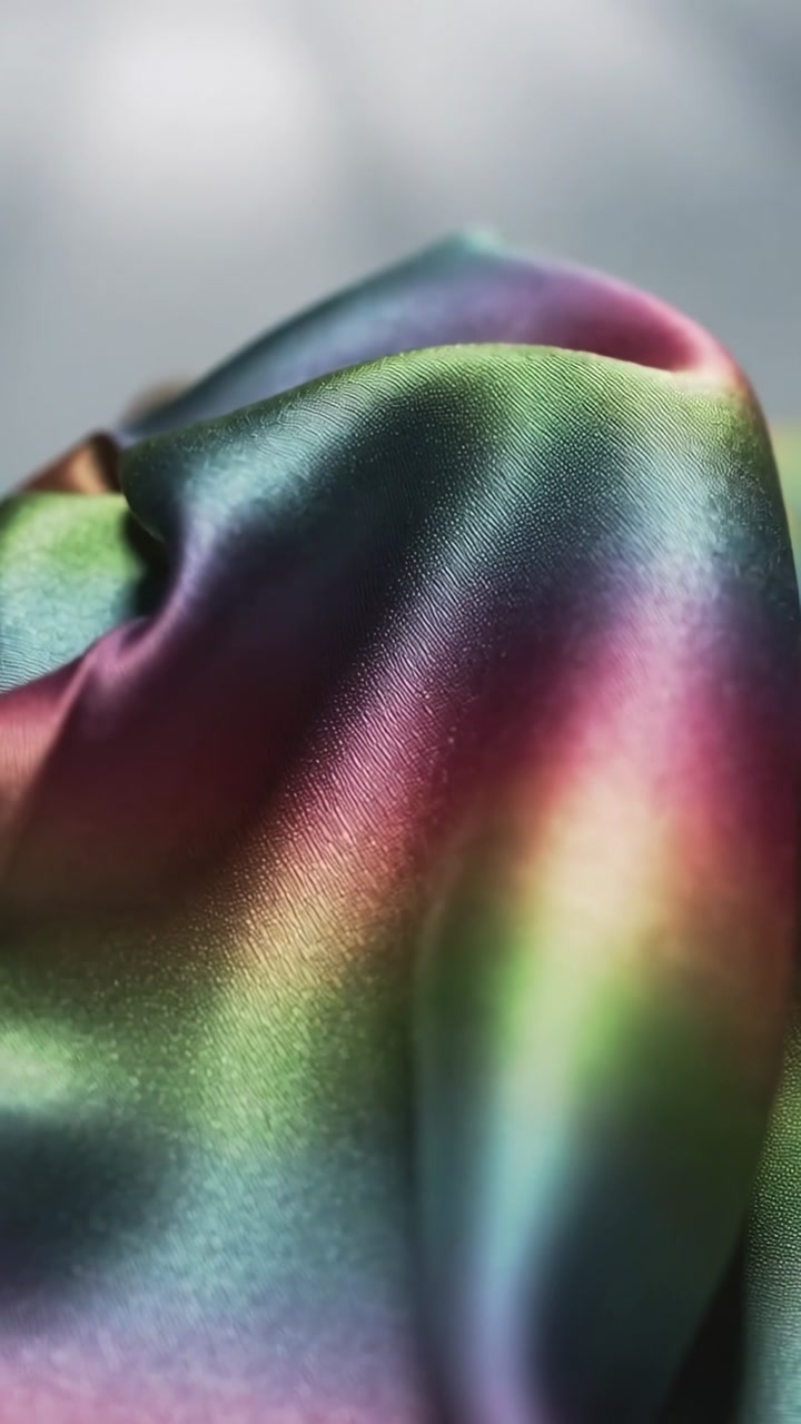 Vertical video: Sliding camera revealing iridescent satin folds in studio gray capturing light play
