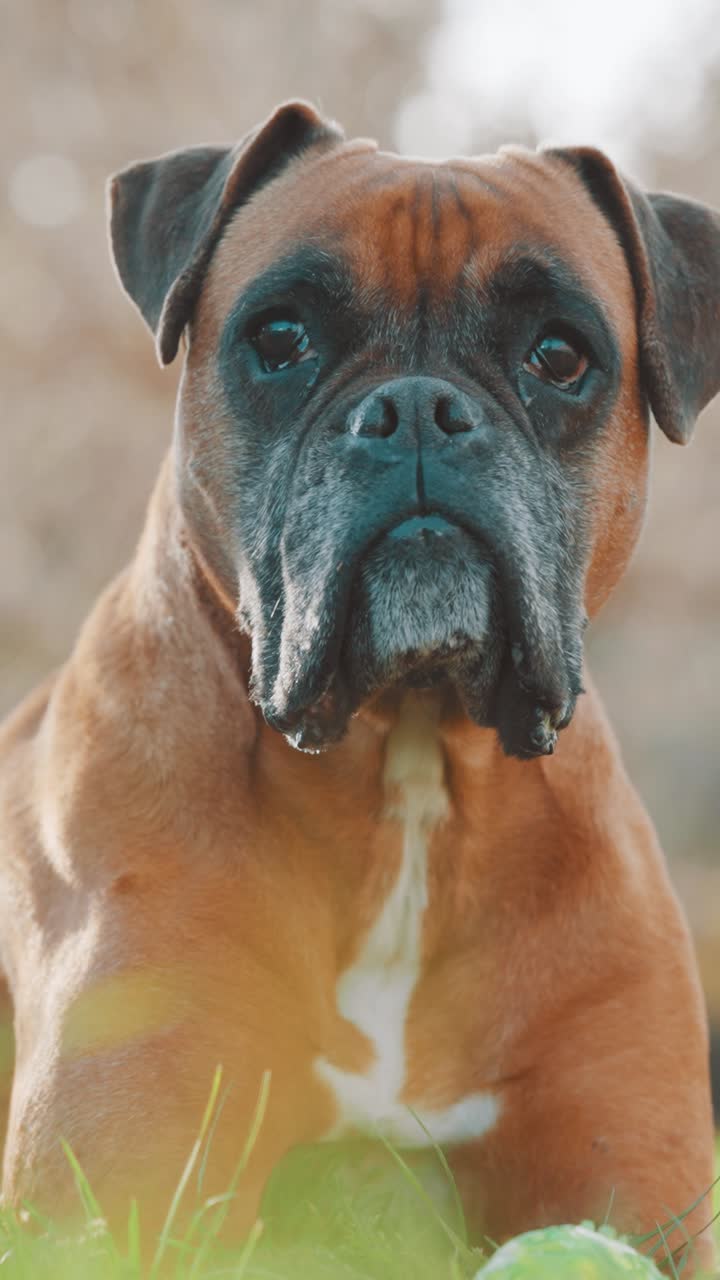 Boxer dog showing different facial expressions in nature
