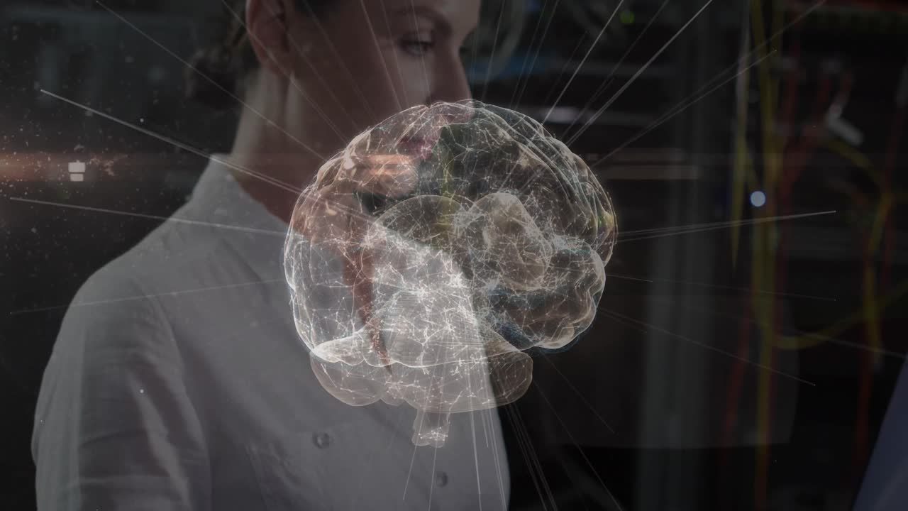 animación de conexiones y cerebro digital sobre mujer caucásica en la sala de servidores.