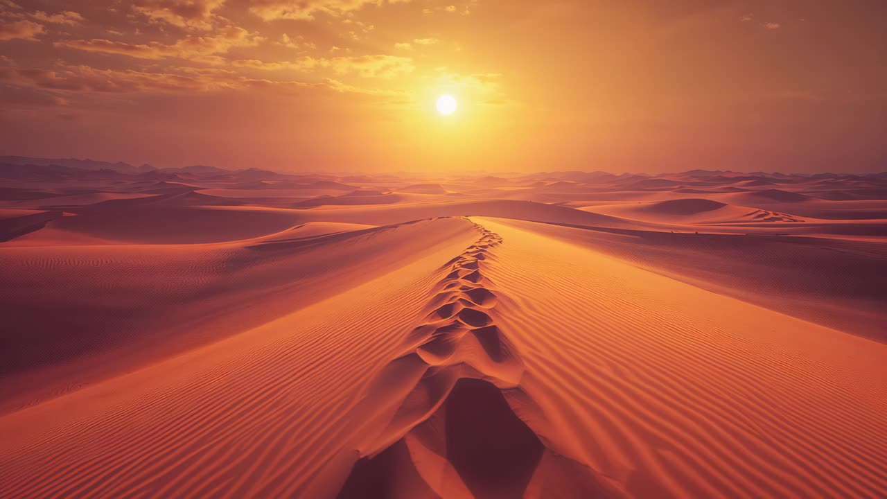 Advancing viewpoint from desert ridge along footprints toward sun, revealing dune textures