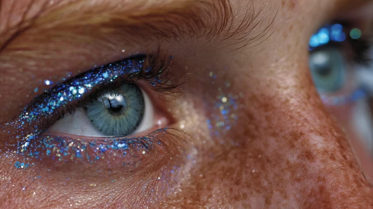 Close-Up of an Eye with Shimmering Blue Eyeshadow and Freckles Showcasing the Intricacies of Makeup Artistry in a Striking Visual Presentation