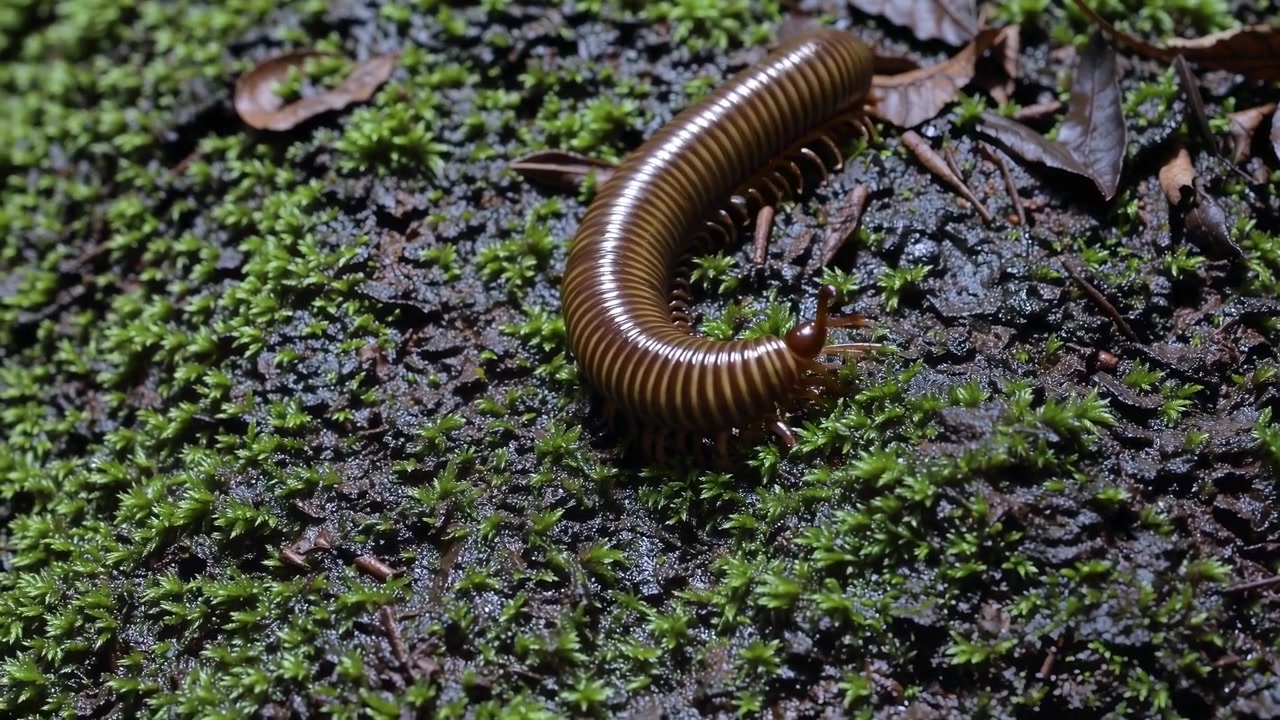 Millepiedi marrone che striscia lentamente su muschio verde vibrante