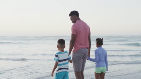 Afroamerikanischer-Vater-Geht-Mit-Tochter-Und-Sohn-Am-Sonnigen-Strand-Spazieren