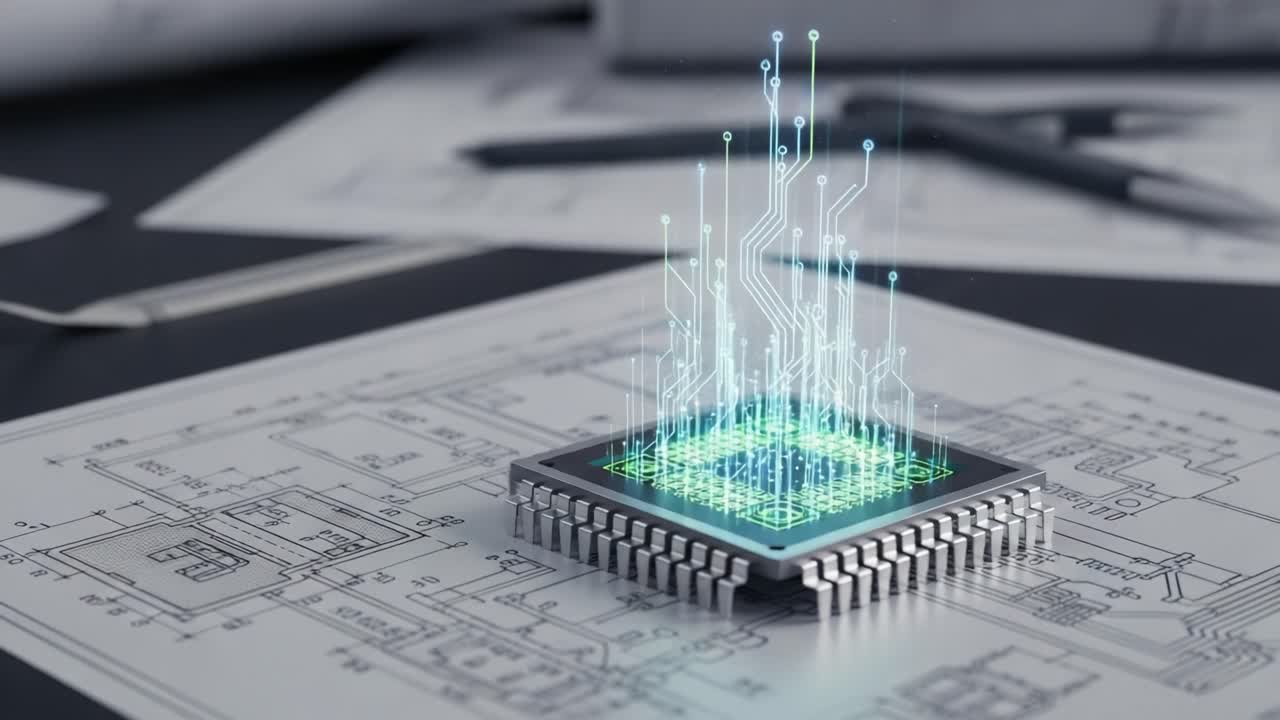 A Detailed View of a Microchip Integrated with Illuminated Circuitry Above Technical Drawings, Highlighting Innovations in Electronics and Computer Technology