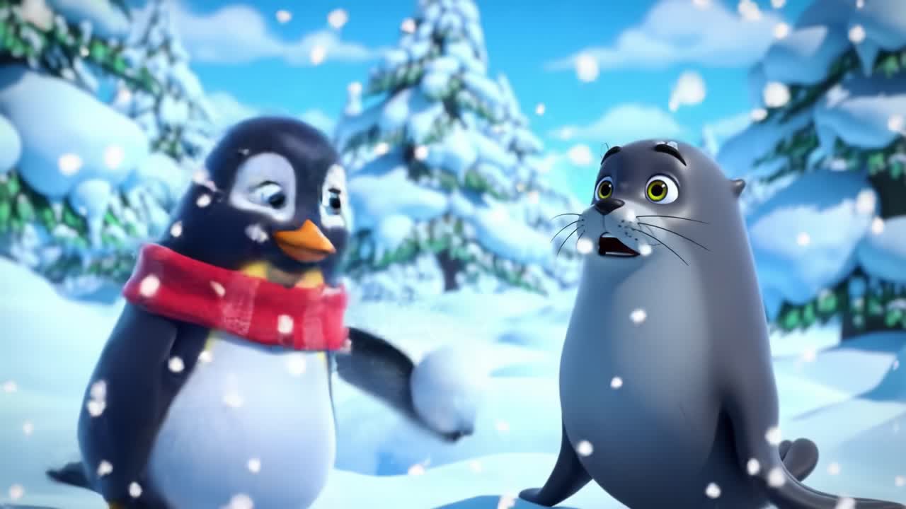 Adventurous Animated Characters Play in a Snowy Wonderland, Creating Snowballs and Enjoying Winter Fun Together in a Delightful Arctic Scene