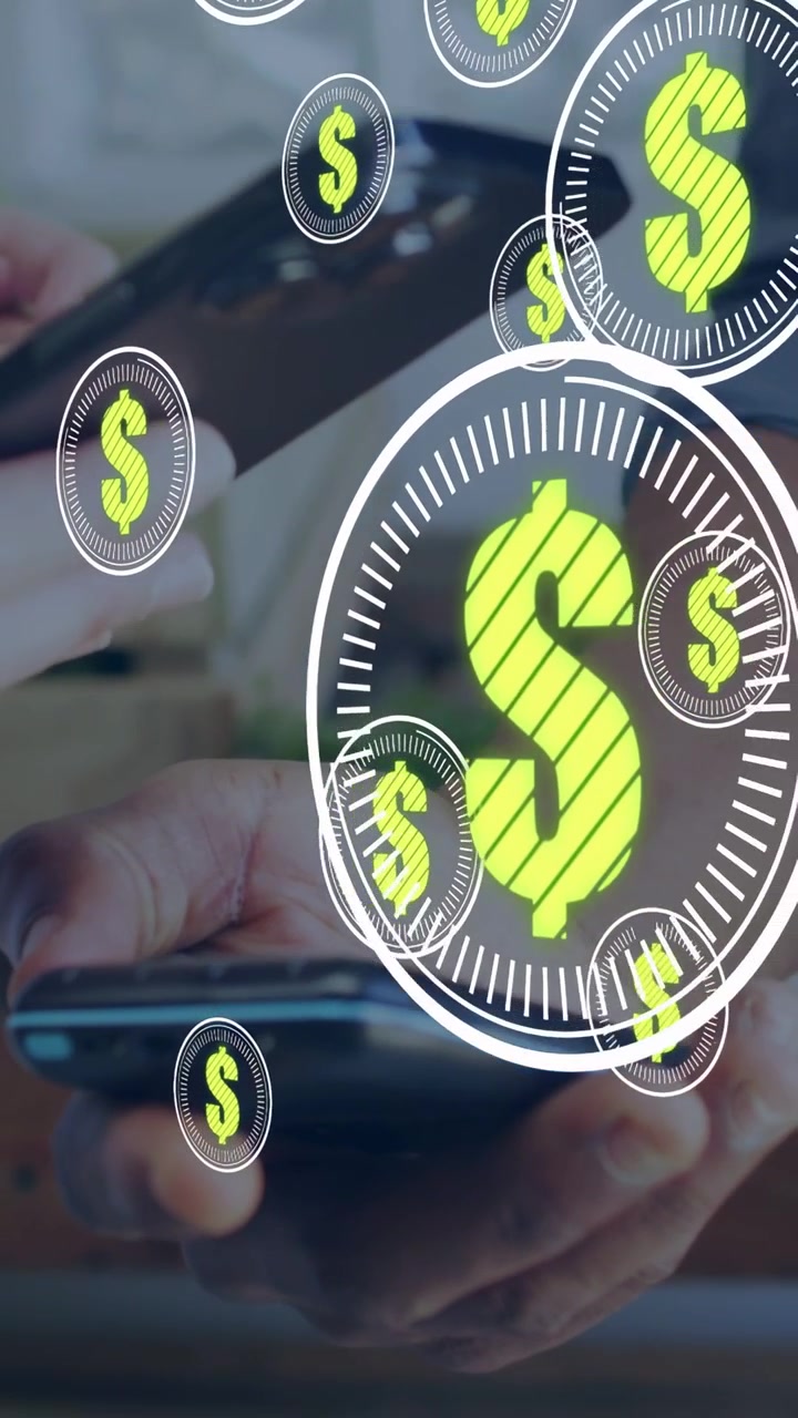 Video verticale: Mani che avvicinano i telefoni, con monete da dollaro animate che riempiono gli schermi per i pagamenti.