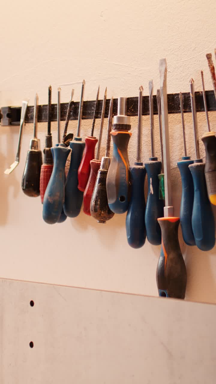 Various Screwdrivers and Hand Tools Organized on a Wall Rack