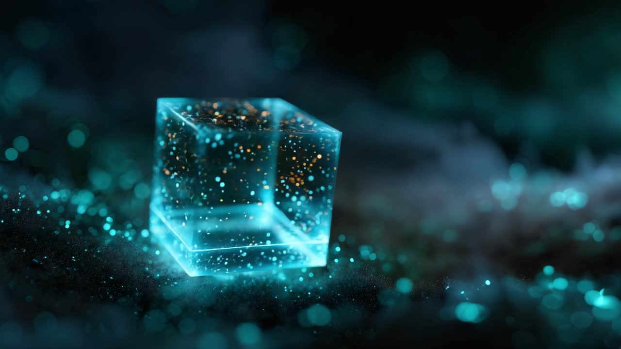 A Glowing Ice Cube Surrounded by Mystical Glittering Particles and Soft Focused Background, Creating a Dreamy Ethereal Atmosphere for Visual Exploration
