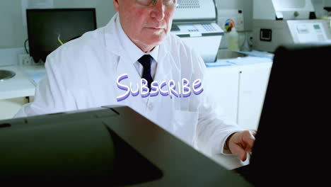 typing on laptop, scientist creating subscribe text animation in laboratory