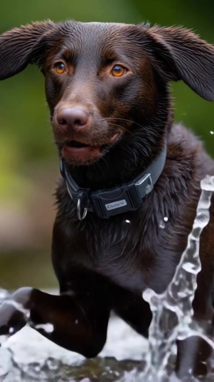 Un affascinante cane marrone che schizza giocosamente nell'acqua, catturato con dettagli mozzafiato, che mostra la sua natura giocosa e il suo pelo bagnato e scintillante con occhi luminosi.