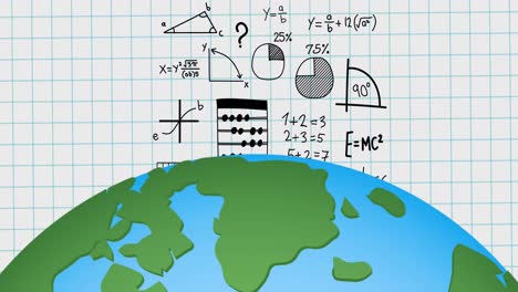 Animation-of-globe-over-mathematical-equations-in-school-notebook