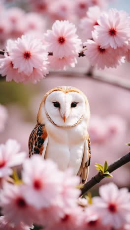 barn owl perched amidst pink cherry blossoms