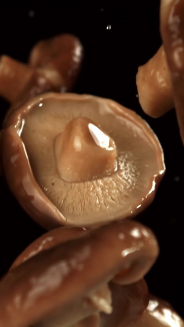 Primo piano al rallentatore di funghi shiitake freschi che cadono con goccioline d'acqua