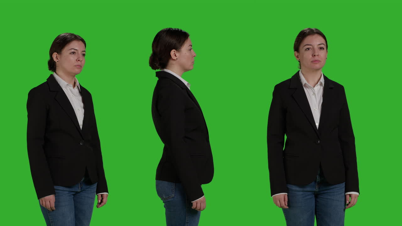 Businesswoman Poses in Front of Green Screen