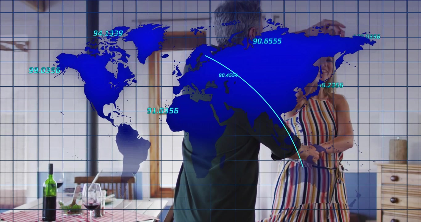 Homem conduzindo mulher dançando na cozinha, iniciando visualização de dados com arcos translúcidos de mapa-múndi.