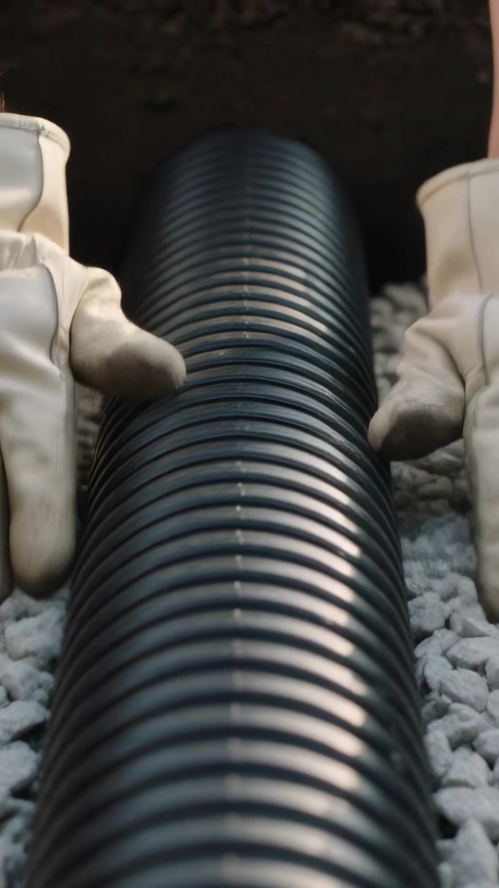 Vertical video: Entering gloved hands aligning ribbed black pipe on gravel at trench for drainage