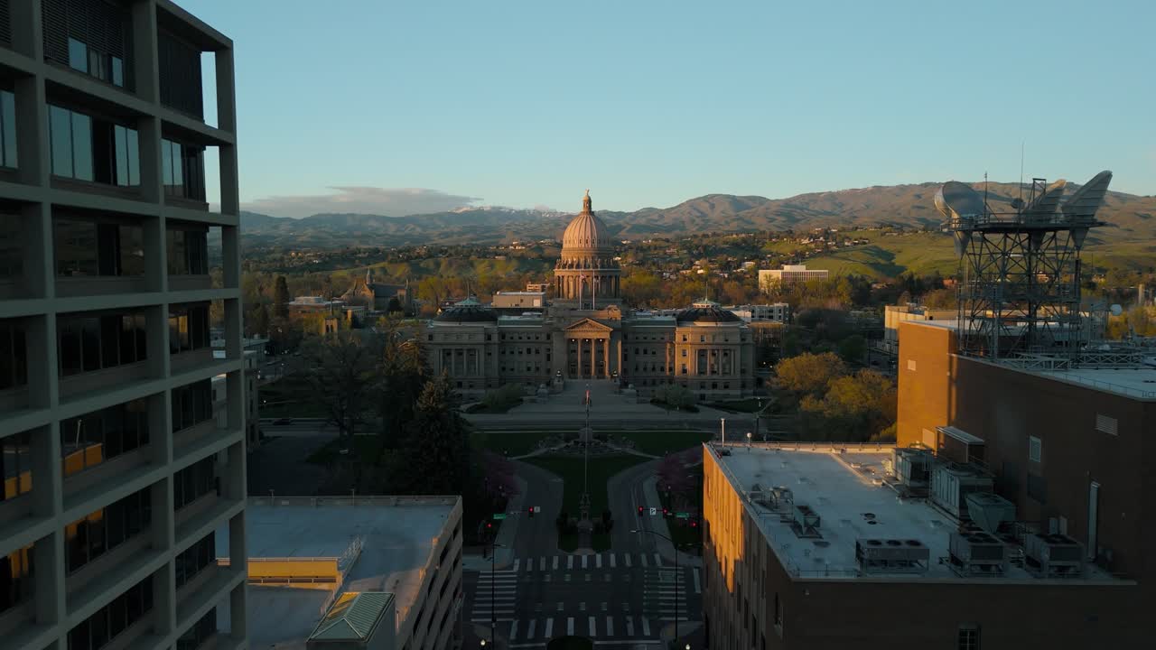 Flying toward the Idaho state capitol during sunset.
