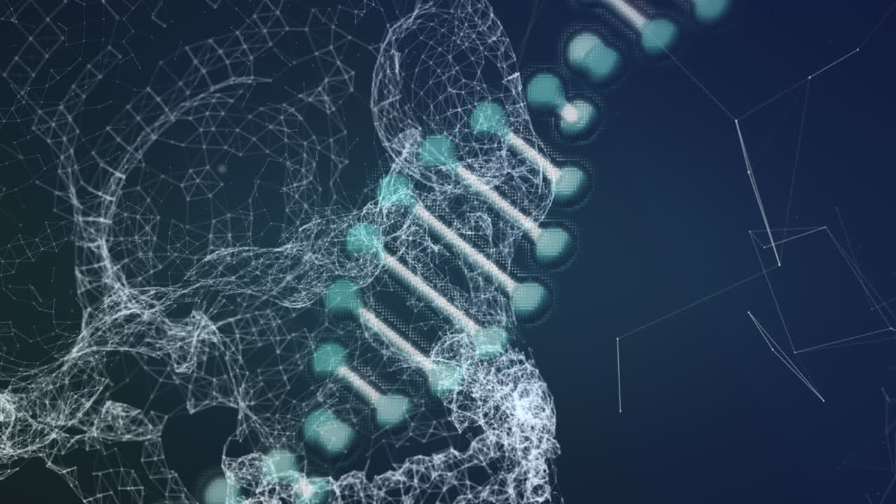 파란색 배경에 회전하는 dna 구조