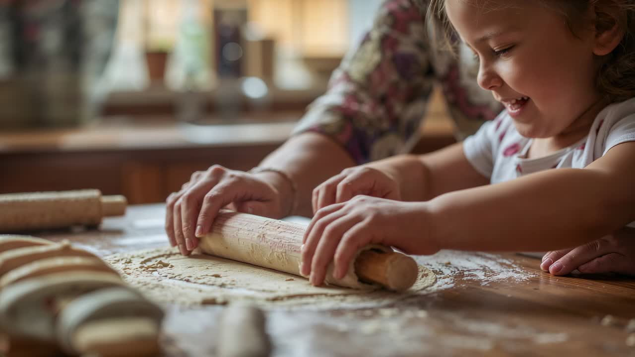 Guiding child in apron, adult placing hands on rolling pin, rolling dough on floured counter