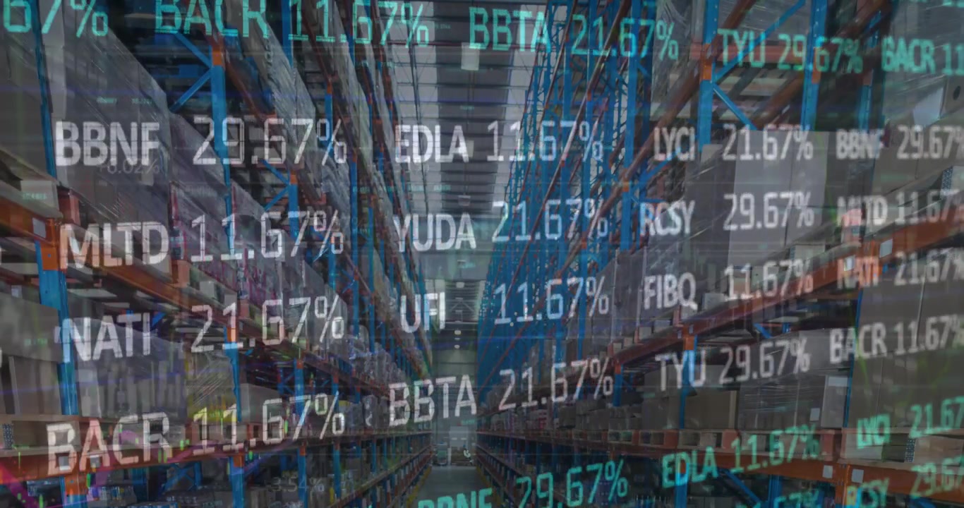 Animation von Börsen- und Finanzdatenverarbeitung über einer leeren Lagerhalle