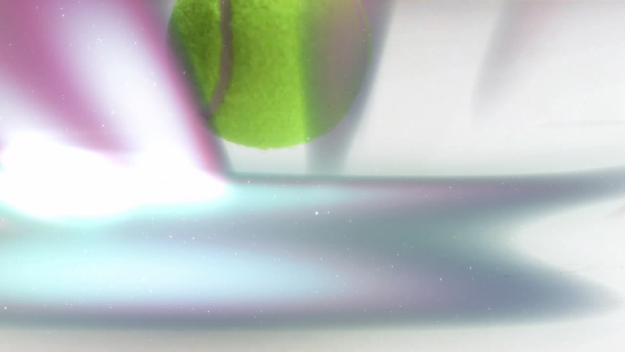 Tennis ball bouncing mid-air above gray hardcourt in 3D render, showing fuzzy surface and blur