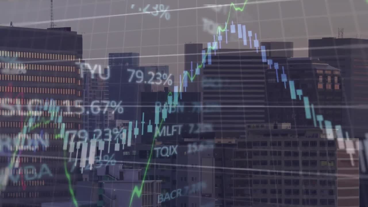 animación del procesamiento de datos financieros y bursátiles frente a una vista aérea del paisaje urbano