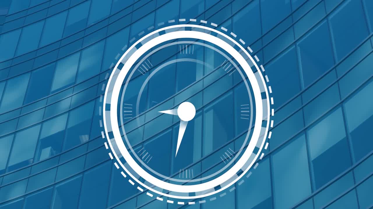 Animation of ticking clock icon against view of tall building