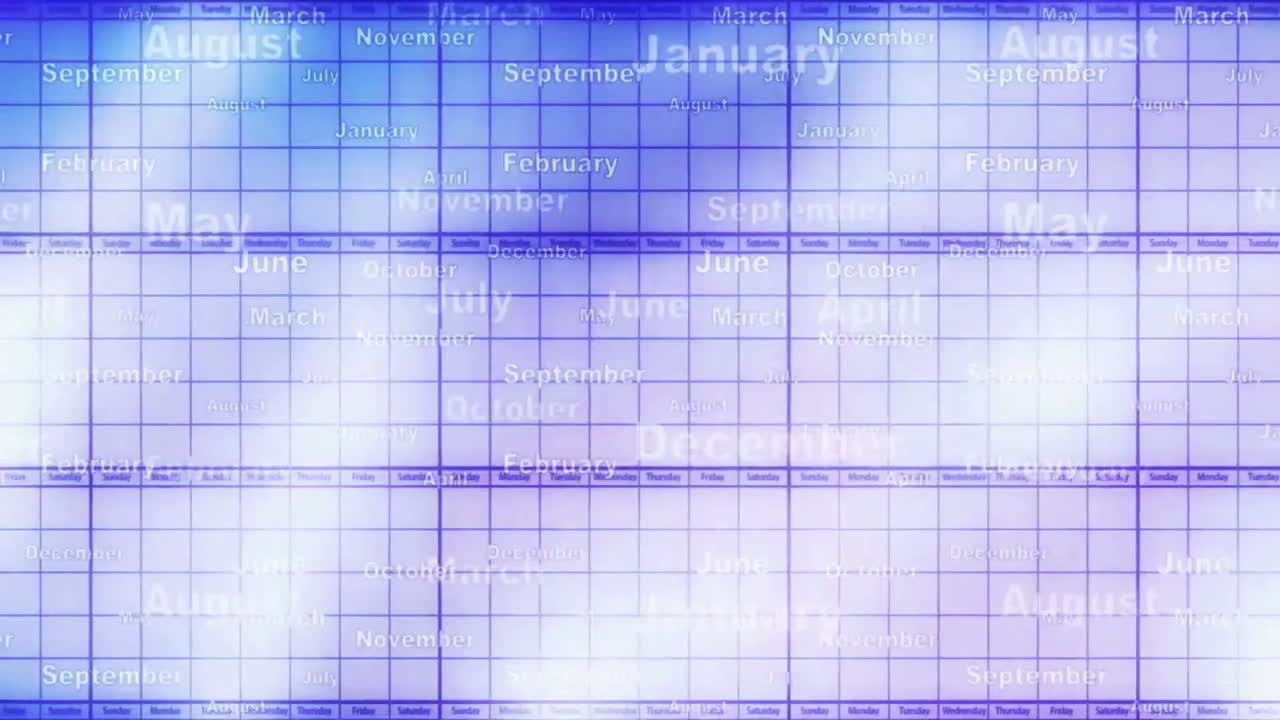 A blue and white calendar grid with the months of the year creates an ethereal and abstract background.