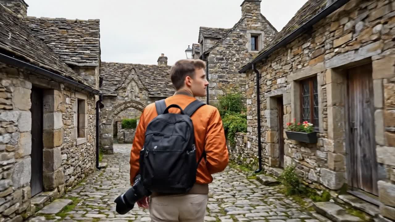 Viaggiatore che esplora la strada di un antico villaggio con attrezzatura fotografica