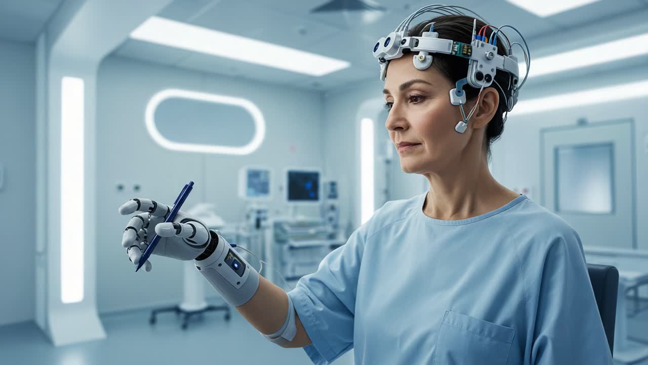 A woman with advanced robotic technology engages in a task, showcasing the blend of human intelligence and robotic capabilities in a futuristic medical environment