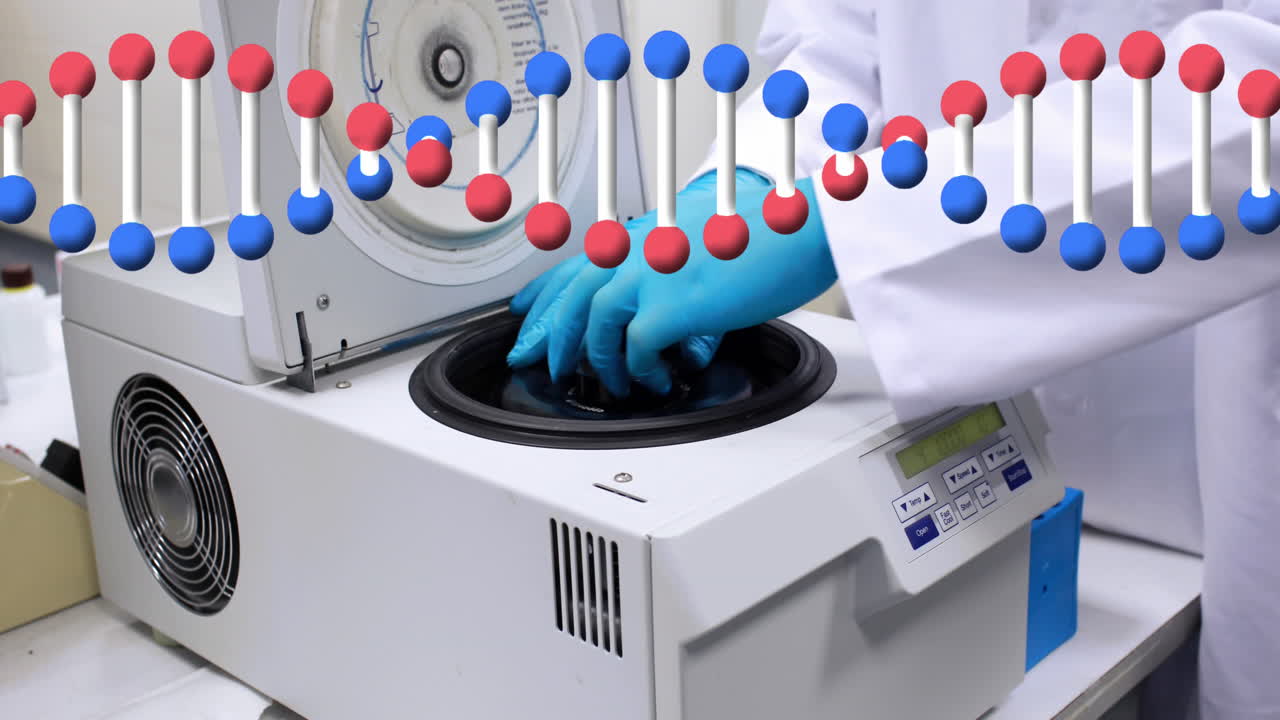 남성 과학자 위에 회전하는 dna 가닥의 애니메이션